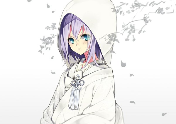 Anime picture 1130x800 with tagme (copyright) rugo single looking at viewer short hair blue eyes simple background white background purple hair traditional clothes japanese clothes girl petals kimono hood branch uchikake