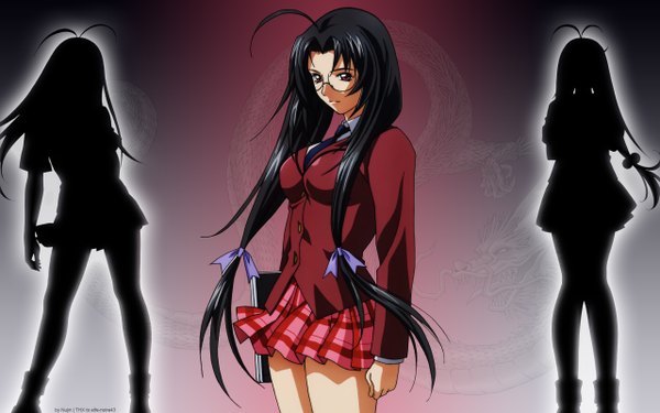 Anime picture 2560x1600 with ikkitousen kaku bunwa long hair highres black hair red eyes wide image twintails ahoge silhouette girl glasses serafuku