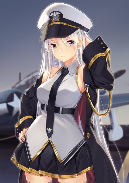 Anime picture 1000x1414 with azur lane enterprise (azur lane) junp single long hair tall image blush fringe breasts hair between eyes standing purple eyes sky silver hair outdoors pleated skirt light smile blurry open clothes zettai ryouiki