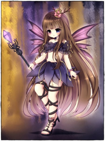 Anime picture 1743x2321 with midna01 single tall image looking at viewer blush highres brown hair purple eyes very long hair pink eyes bare belly high heels heterochromia girl skirt navel staff