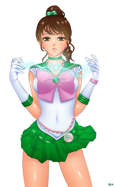 Anime picture 800x1300 with bishoujo senshi sailor moon toei animation kino makoto sailor jupiter khalitzburg single long hair tall image looking at viewer simple background brown hair white background green eyes ponytail girl dress gloves