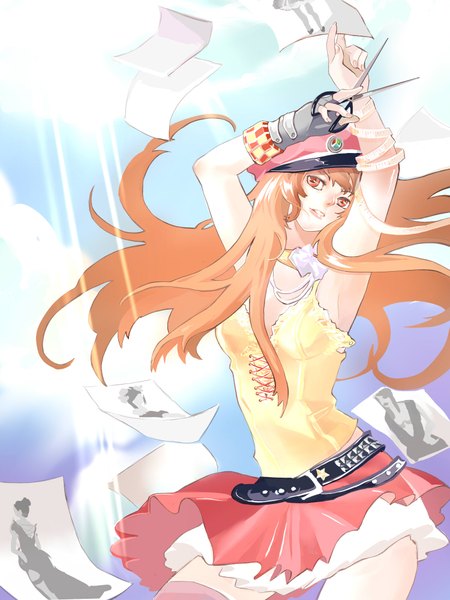 Anime picture 1500x2000 with liu shuang fei (artist) single long hair tall image fringe holding orange hair orange eyes girl skirt ribbon (ribbons) belt peaked cap picture scissors