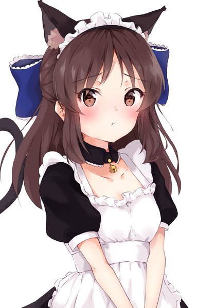 Anime picture 1283x2001 with idolmaster idolmaster cinderella girls tachibana arisu minikon single long hair tall image looking at viewer simple background brown hair white background brown eyes animal ears payot tail animal tail cat ears short sleeves maid cat girl