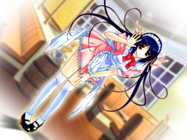 Anime picture 1600x1200 with long hair highres red eyes blue hair very long hair maid leaning leaning forward