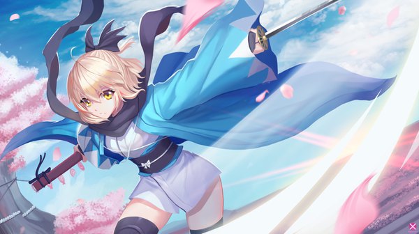 Anime picture 3508x1969 with fate (series) fate/grand order koha-ace okita souji (fate) (all) okita souji (koha-ace) mahousho single looking at viewer fringe highres short hair blonde hair hair between eyes wide image holding signed yellow eyes sky cloud (clouds) ahoge