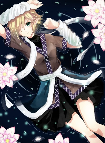 Anime picture 1170x1590 with touhou mizuhashi parsee taiki (ozone) single tall image looking at viewer fringe short hair blonde hair green eyes lying from above pointy ears hair over one eye girl dress flower (flowers) detached sleeves petals water