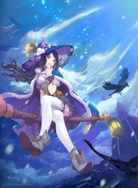 Anime picture 650x880 with original tob single long hair tall image fringe blue eyes black hair sitting looking away sky cloud (clouds) parted lips head tilt wind from below short sleeves crossed legs flying witch