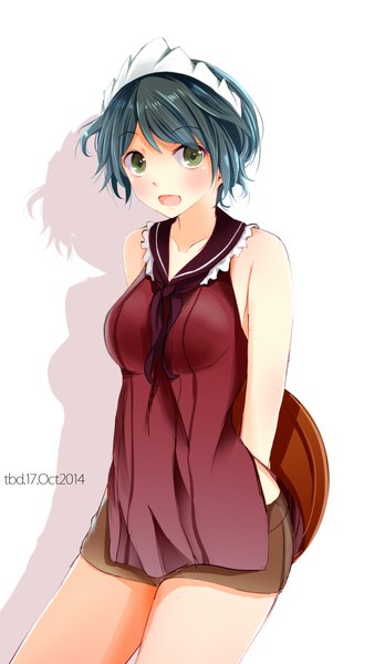 Anime picture 1260x2172 with kantai collection mogami heavy cruiser tebi (tbd11) single tall image looking at viewer blush short hair open mouth black hair simple background white background bare shoulders green eyes signed shadow hands behind back girl shorts headdress
