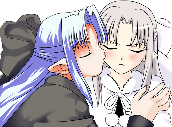 Anime picture 4000x2960 with shingetsutan tsukihime type-moon len (tsukihime) long hair blush highres multiple girls absurdres eyes closed pointy ears grey hair transparent background vector kiss cheek kiss girl bow 2 girls hair bow