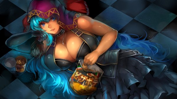 Anime picture 5333x3000 with original luco san single long hair looking at viewer highres breasts blue eyes light erotic wide image large breasts blue hair absurdres lying arm support on side checkered floor floor girl dress