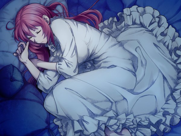 Anime picture 1024x768 with ourai no gahkthun liarsoft steampunk (liarsoft) neon scala sumiriya long hair pink hair game cg lying eyes closed sleeping girl dress pillow