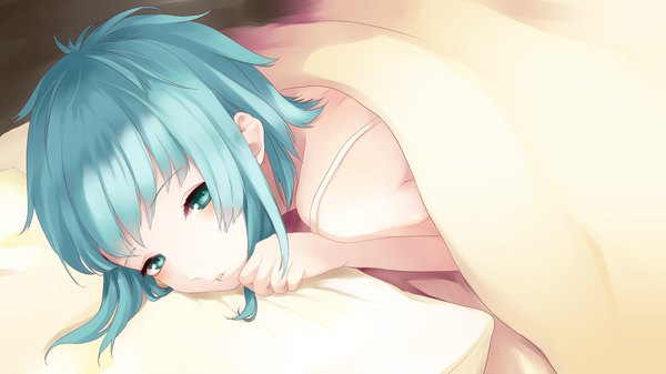 Anime picture 3200x1800 with vocaloid gumi settyaro single highres short hair blue eyes wide image blue hair lying girl