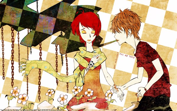 Anime picture 1920x1200 with original ephemeral-garden highres short hair wide image red hair eyes closed couple holding hands checkered floor flower (flowers) scarf chain cigarette
