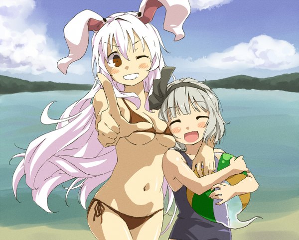 Anime picture 1280x1030 with touhou konpaku youmu reisen udongein inaba myon yudepii long hair blush short hair breasts open mouth light erotic red eyes multiple girls sky silver hair purple hair eyes closed one eye closed wink bunny ears