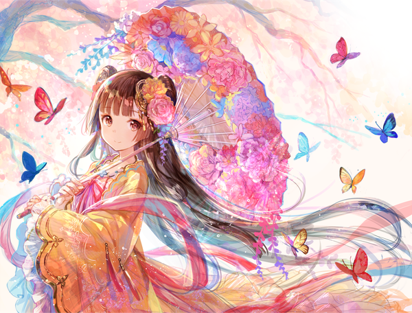 Anime picture 1321x1004 with original fuzichoco single long hair looking at viewer brown hair brown eyes hair flower girl dress flower (flowers) plant (plants) tree (trees) insect butterfly umbrella oriental umbrella