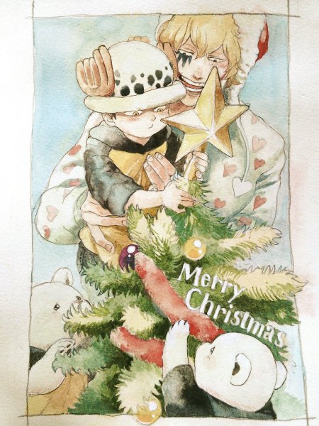 Anime picture 900x1200 with one piece toei animation trafalgar law donquixote rocinante bepo corazon (one piece) chikama (minka) tall image blush short hair open mouth blonde hair holding yellow eyes multiple boys facial mark looking down christmas blue background framed