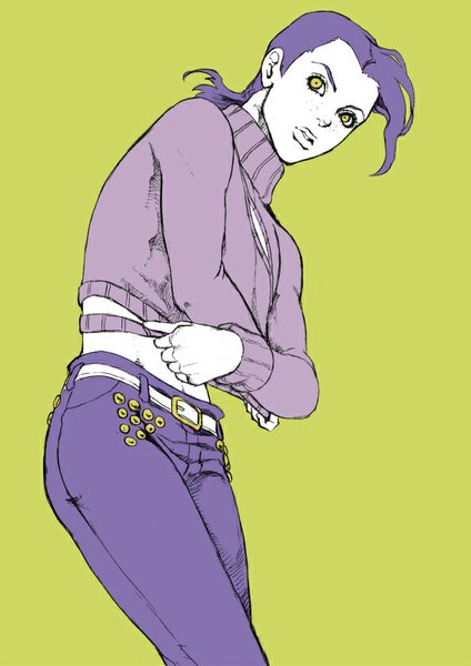 Anime picture 566x800 with jojo no kimyou na bouken vinegar doppio chounorin single long hair tall image simple background yellow eyes looking away purple hair bare belly undressing green background freckles boy belt pants turtleneck open-chest turtleneck