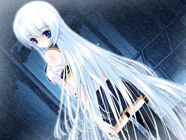 Anime picture 1024x768 with elle prier (game) rafale nana blue eyes game cg white hair very long hair looking back rain girl serafuku