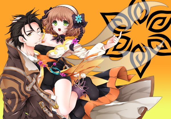 Anime picture 1463x1022 with tales of (series) tales of xillia alvin (tales of xillia) leia roland shuragyoku mami short hair black hair brown hair green eyes yellow eyes one eye closed wink girl boy bow choker boots headdress