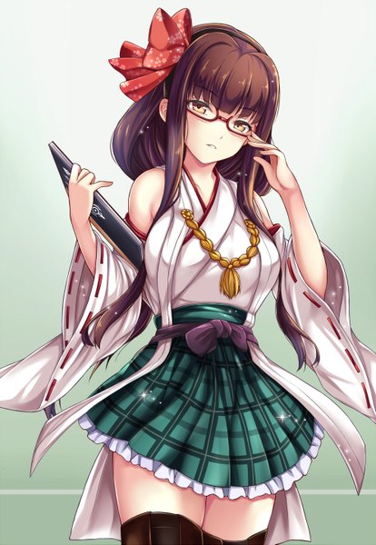 Anime picture 992x1437 with kantai collection aoki hagane no arpeggio hiei (aoki hagane no arpeggio) taka-kun single long hair tall image looking at viewer brown hair brown eyes cosplay hiei (kantai collection) (cosplay) girl thighhighs skirt bow hair bow detached sleeves miniskirt glasses