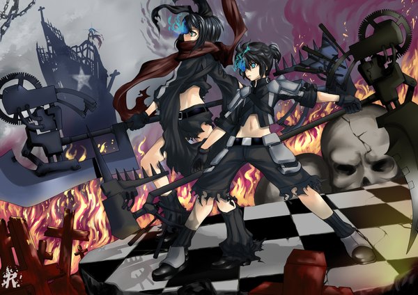 Anime picture 1754x1240 with black rock shooter vocaloid kagamine rin kagamine len realmbw highres twintails checkered floor parody girl boy skull polearm