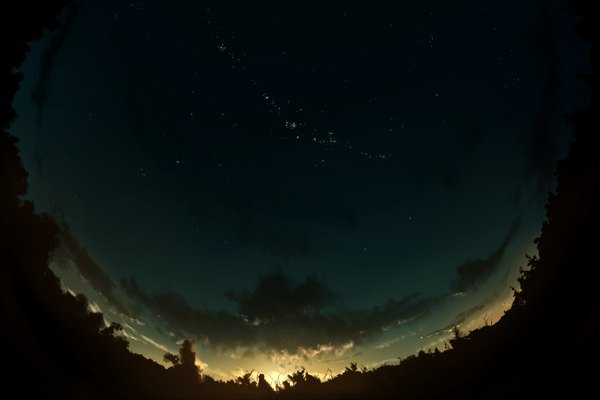 Anime picture 1500x1000 with original kibunya 39 cloud (clouds) sunlight night night sky no people constellation plant (plants) tree (trees) star (stars) sun