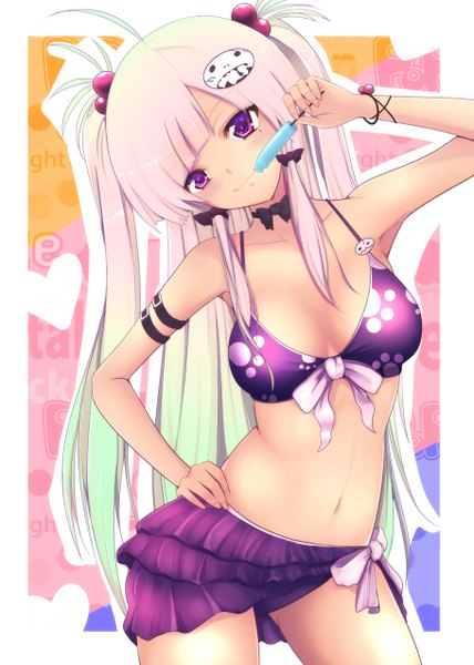 Anime picture 910x1274 with original cafe au lait (kafeore) single long hair tall image looking at viewer blush breasts light erotic blonde hair smile large breasts purple eyes twintails bare shoulders bare belly armpit (armpits) hand on hip girl skirt