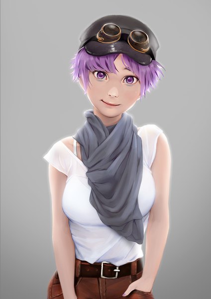 Anime picture 1461x2065 with original fore farlone (jubi) jubi (regiana) single tall image looking at viewer short hair breasts simple background signed upper body realistic grey background hand in pocket goggles on head girl hat belt scarf t-shirt