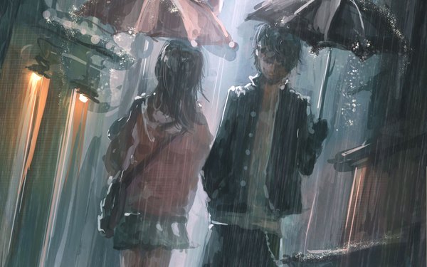 Anime picture 1920x1200 with original wlop highres black hair wide image pleated skirt blurry open clothes open jacket lens flare rain wet clothes girl boy skirt jacket umbrella bag