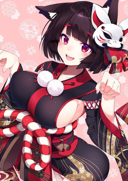 Anime picture 1168x1650 with azur lane yamashiro (azur lane) nezumidoshi single tall image looking at viewer blush fringe short hair breasts open mouth light erotic black hair red eyes large breasts animal ears blunt bangs traditional clothes :d from above