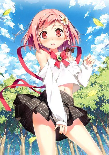 Anime picture 2121x3023 with your diary yua (your diary) kantoku single tall image looking at viewer blush highres short hair open mouth red eyes pink hair sky cloud (clouds) hair flower scan girl skirt hair ornament flower (flowers)