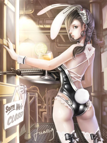 Anime picture 1125x1500 with original bobo1983 single long hair tall image light erotic black hair brown eyes animal tail looking back bunny ears back bunny tail girl weapon earrings gun wrist cuffs drink tray