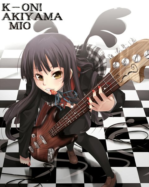 Anime picture 800x1000 with k-on! kyoto animation akiyama mio arkas (artist) single long hair tall image looking at viewer black hair brown eyes checkered floor girl thighhighs skirt black thighhighs wings guitar electric guitar