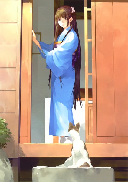 Anime picture 2469x3500 with original okazaki takeshi single long hair tall image highres brown hair standing sitting brown eyes very long hair japanese clothes hair flower looking down flat chest girl hair ornament plant (plants) kimono cat