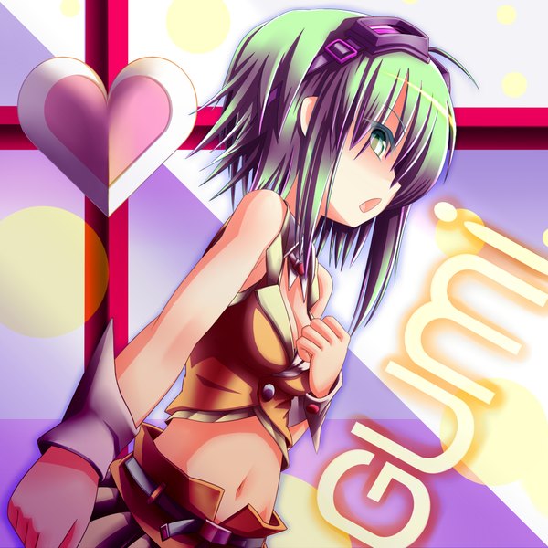 Anime picture 2000x2000 with vocaloid gumi single highres short hair open mouth green eyes green hair girl navel heart goggles