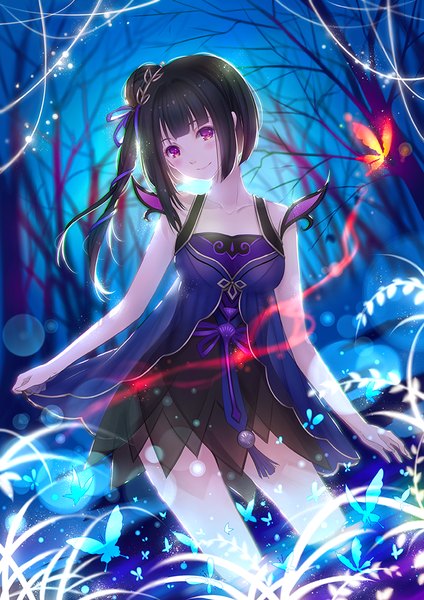 Anime picture 707x1000 with original tidsean single long hair tall image looking at viewer blush black hair smile red eyes bare shoulders ponytail side ponytail girl dress ribbon (ribbons) plant (plants) hair ribbon tree (trees) insect