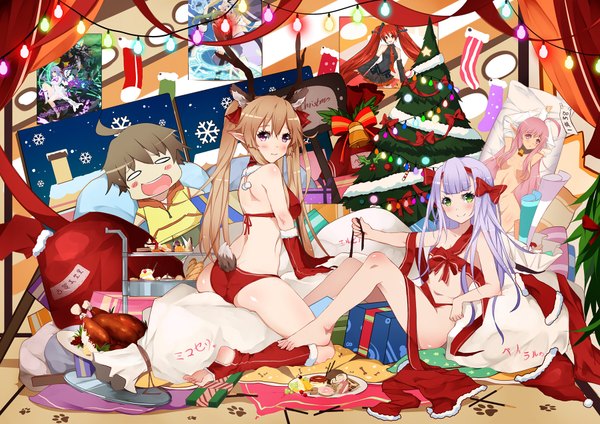 Anime picture 1800x1273 with outbreak company feel (studio) myucel foalan petralka anne eldant iii bba1985 long hair blush highres light erotic smile brown hair purple eyes twintails multiple girls green eyes silver hair horn (horns) pointy ears naked ribbon girl