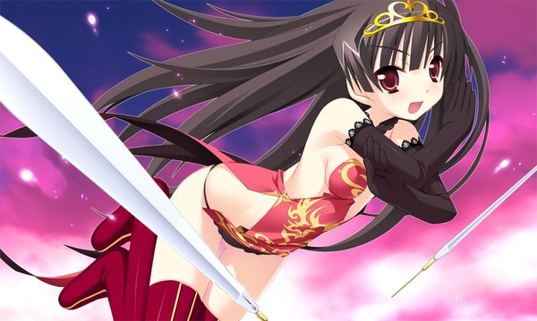 Anime picture 1024x614 with twinkle crusaders twinkle crusaders -passion star stream- iincho (twinkle crusaders -passion star stream-) long hair open mouth light erotic black hair red eyes wide image game cg girl gloves underwear panties weapon elbow gloves thigh boots