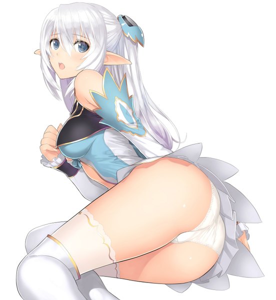 Anime picture 2746x2984 with shining (series) shining blade altina (shining blade) tony taka single long hair tall image looking at viewer highres open mouth blue eyes light erotic ass white hair pointy ears girl thighhighs underwear panties white thighhighs