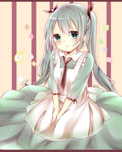 Anime picture 1600x2000 with vocaloid hatsune miku misa (kaeruhitode) single long hair tall image looking at viewer blush open mouth twintails aqua eyes aqua hair maid girl dress apron clock pocket watch