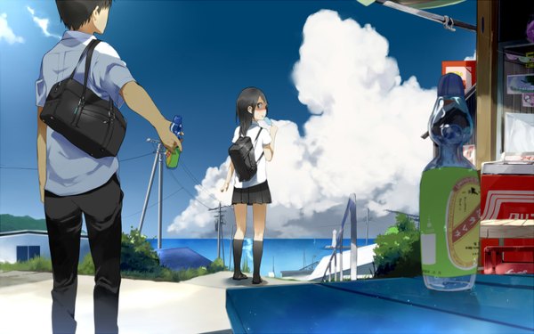 Anime picture 1440x900 with original yuu (yu1you2iu3) long hair blush short hair black hair wide image standing holding sky cloud (clouds) profile pleated skirt looking back from behind black eyes couple licking pointing girl