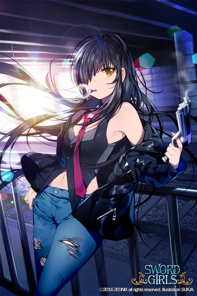Anime picture 700x1050 with sword girls sorolp single long hair tall image looking at viewer fringe black hair bare shoulders holding yellow eyes sunlight hair over one eye open clothes open jacket official art mouth hold torn clothes lens flare messy hair