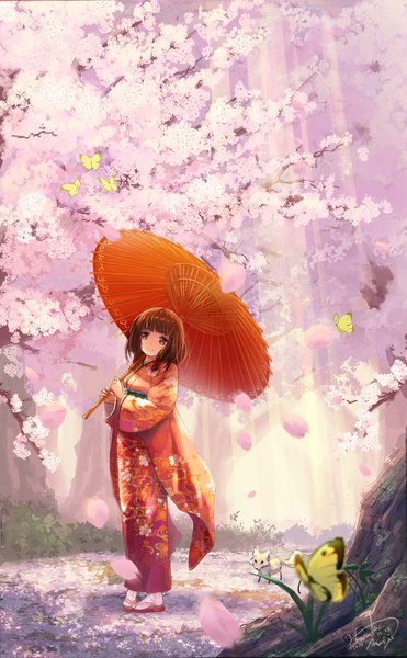 Anime picture 680x1100 with original miyai haruki tall image looking at viewer fringe short hair smile brown hair standing brown eyes long sleeves traditional clothes japanese clothes sunlight wide sleeves cherry blossoms sunbeam girl plant (plants) animal