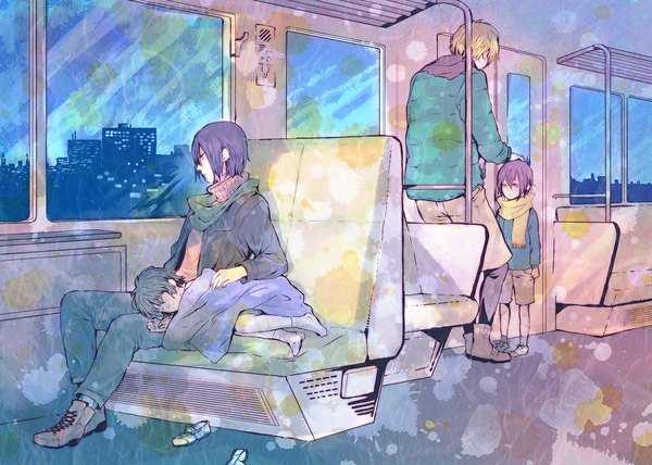 Anime picture 1178x841 with durarara!! brains base (studio) heiwajima shizuo heiwajima kasuka short hair black hair blonde hair sky purple hair from behind no shoes group multiple persona window scarf pants child (children) skyscraper train