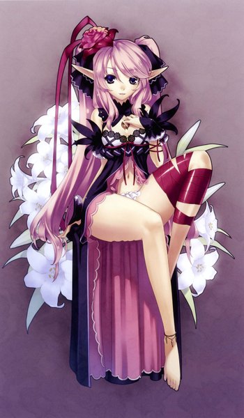 Anime picture 1839x3145 with agarest senki ellis (agarest senki) hirano katsuyuki single tall image highres sitting purple eyes pink hair cleavage very long hair barefoot hair flower pointy ears bare legs two side up alternate costume legs thighs hand on chest