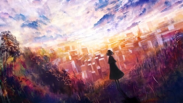 Anime picture 1320x750 with original bounin single short hair wide image sky cloud (clouds) shadow back city cityscape girl dress plant (plants) tree (trees) building (buildings)