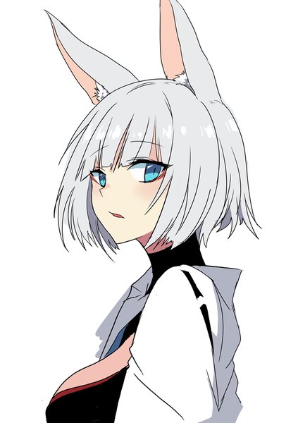 Anime picture 600x851 with azur lane kaga (azur lane) ururu single tall image fringe short hair breasts open mouth blue eyes simple background large breasts white background animal ears looking away cleavage silver hair fox ears fox girl portrait