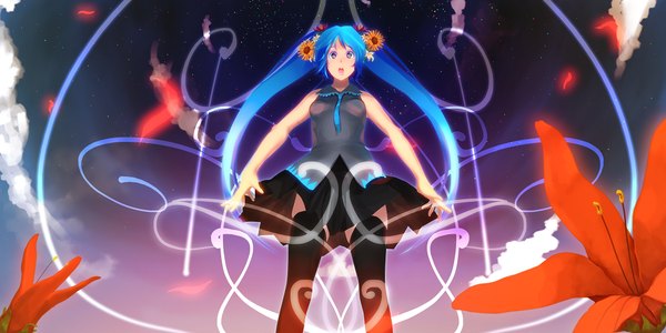 Anime picture 2000x1000 with vocaloid hatsune miku single long hair highres open mouth wide image purple eyes twintails blue hair sky cloud (clouds) hair flower girl thighhighs skirt hair ornament flower (flowers) black thighhighs miniskirt