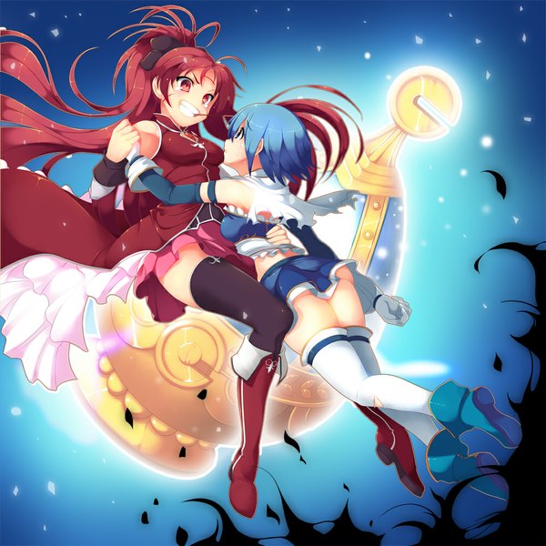 Anime picture 1000x1000 with mahou shoujo madoka magica shaft (studio) sakura kyouko miki sayaka koflif long hair short hair blue eyes red eyes multiple girls blue hair red hair hug girl thighhighs dress skirt gloves black thighhighs 2 girls