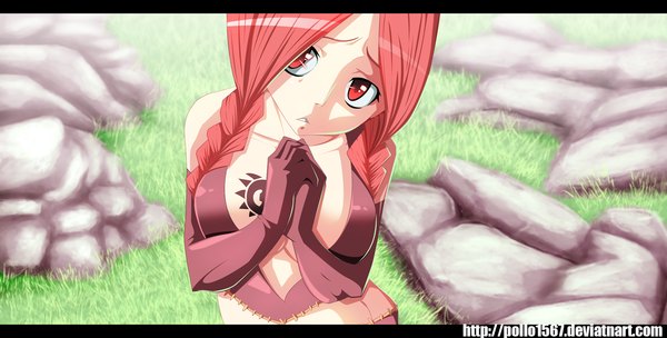 Anime picture 1237x628 with fairy tail flare corona pollo1567 single long hair wide image pink hair braid (braids) pink eyes from above tattoo twin braids coloring girl gloves plant (plants) elbow gloves grass